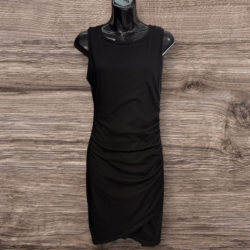 Leith Black Poly Cotton Blend Ruched Dress Small